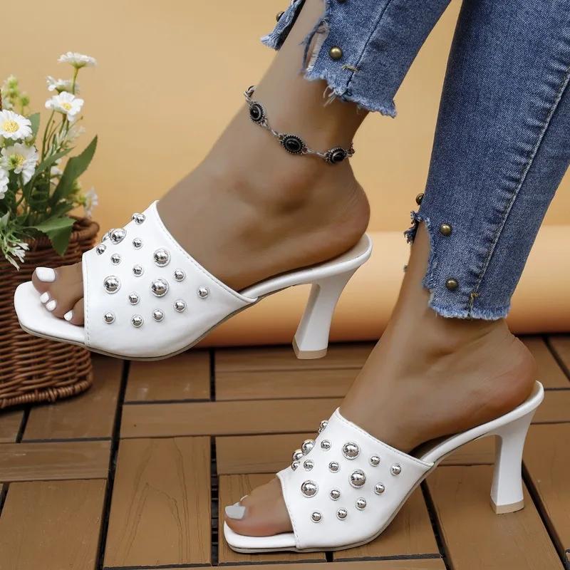 Fashion Women Sandals Ladies Square Heels Elegant Summer Slippers Outside White Black Leather Female Slides Fashion Woman Sandals