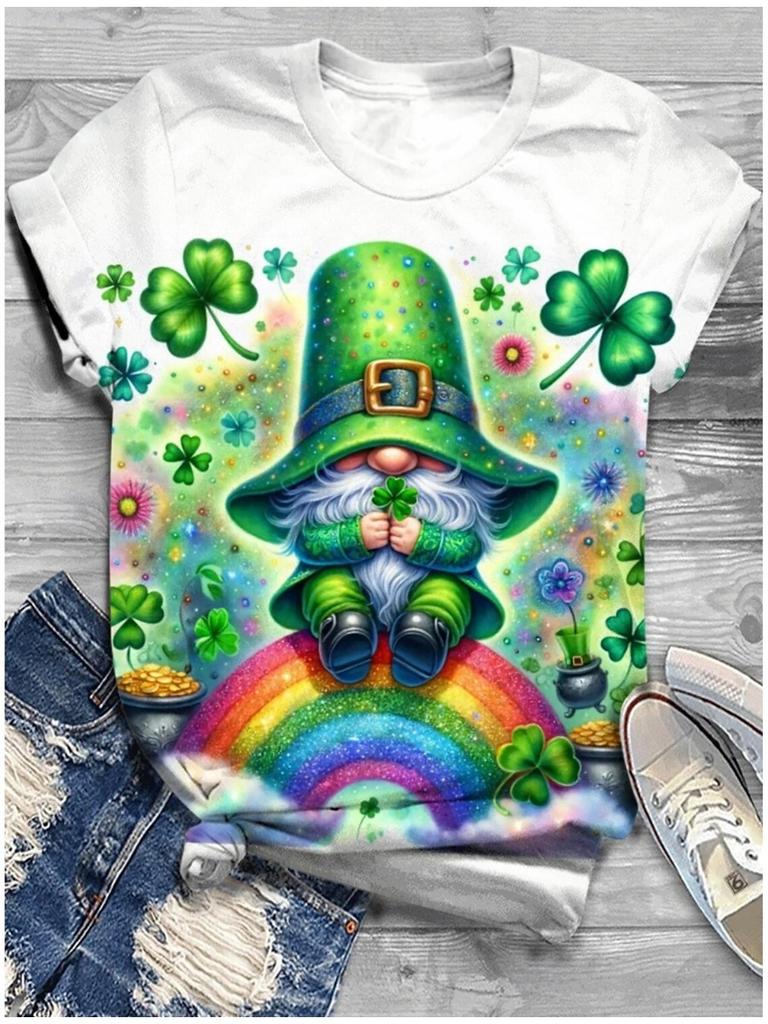 Женская ул.. Футболка ко Дню Святого Патрика Повседневная Зеленая Футболка с коротким рукавом с 3D-принтом и круглым вырезом с коротким рукавом Уличная одежда Y2k