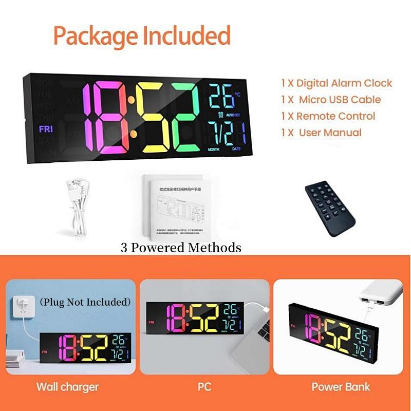 16,2'' Большие цифровые настенные часы с дистанционным управлением Большой светодиод/Двойной будильник/8 цветов RGB Цифровой будильник Электронные часы