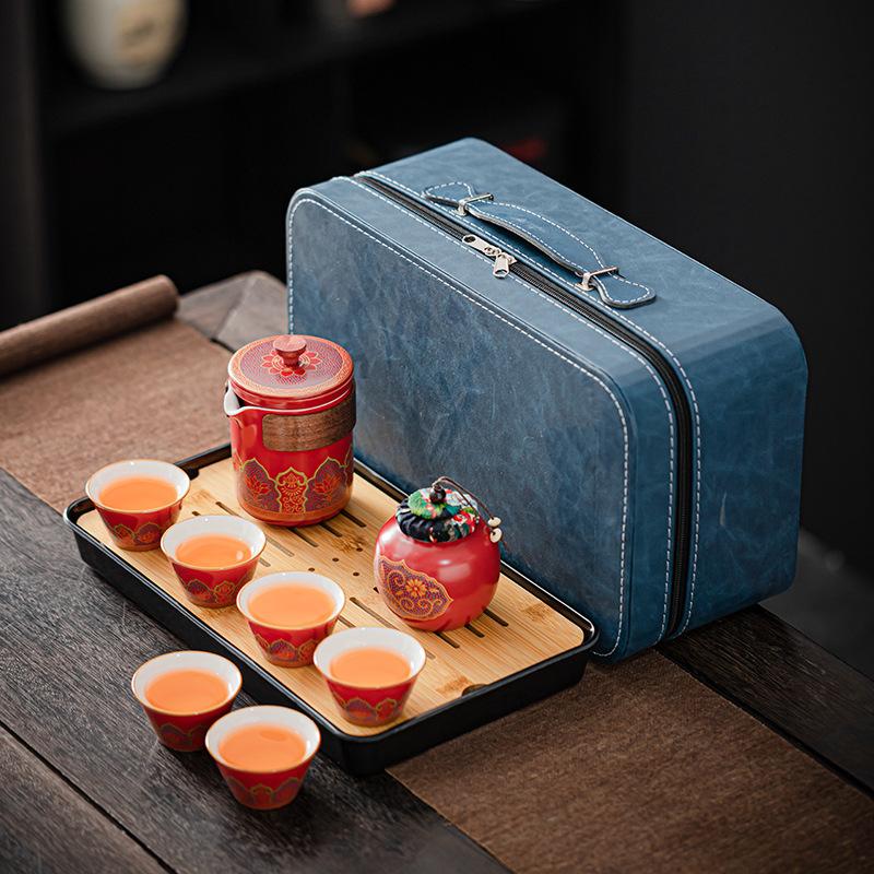 Outdoor Camping Travel Kung Fu Tea Set, Teapot, Ceramic Kuaike Teacup, Tea Tray, Portable Guochao Gifts