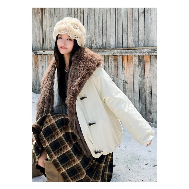 Women Thick Fur Collar Workwear Padded Parka Long Sleeve Winter Coat