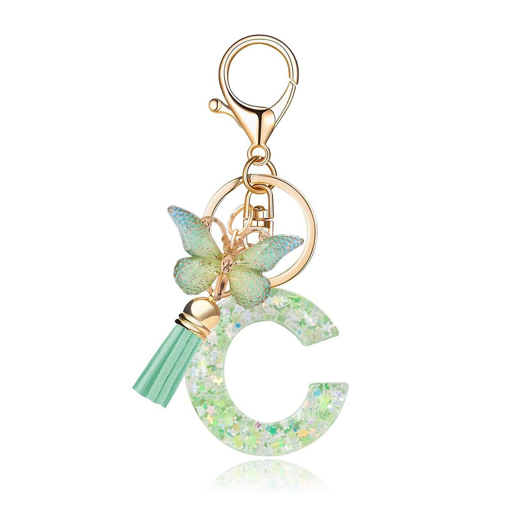 A-Z Dreamy Letters Keychain for Women Tassels Butterfly Pendant Initial Keyrings Purse Suspension Bags Car Key Chain Pink