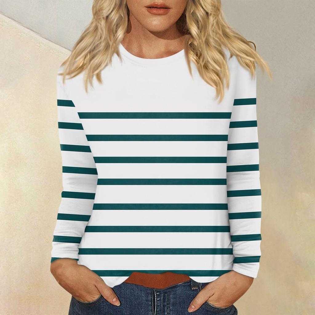 Женский повседневный топ с круглым вырезом и длинными рукавами в полоску с принтом
