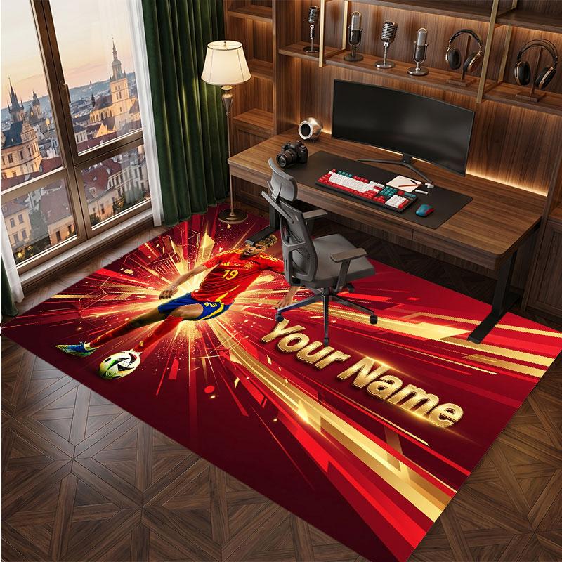 Lamine Yamal Custom Crystal Velvet Rug, Personalized Name Text Print, Football Logo Soft Non‑Slip Floor Mat Home Decor Gift