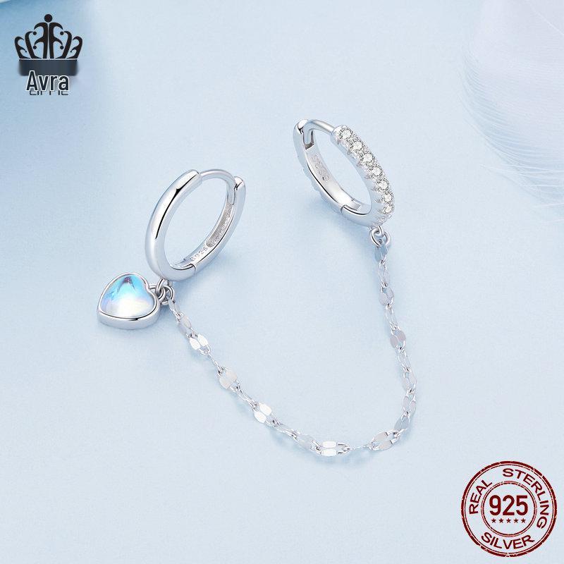 Avle Стерлинговое серебро S925 Цепочка с лунным камнем в форме сердца Двойные серьги-каффы для ушей BSE809