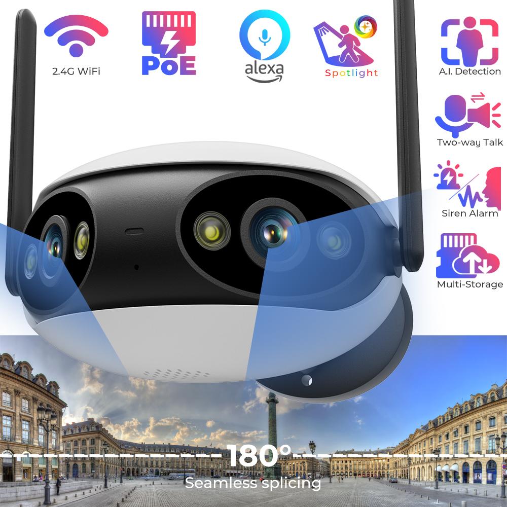 2024 Новая двойная линза, широкоугольная панорамная Wi-Fi POE IP-камера с углом обзора 180°, наружная камера наблюдения за человеком/автомобилем с автоматическим отслеживанием