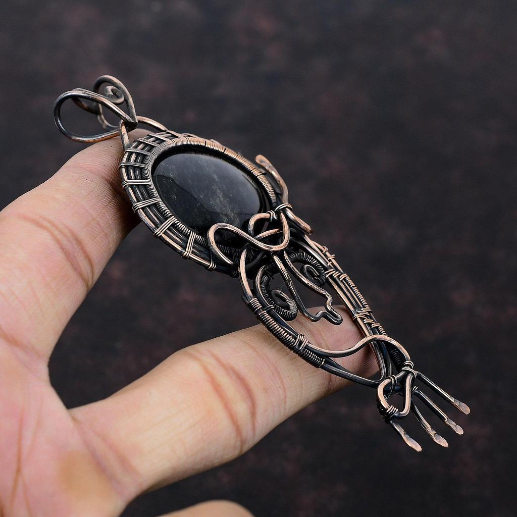 Silver Sheen Obsidian Pendant Copper Wire Wrapped Pendant Gemstone Handmade Pendant Gift For Wedding Silver Sheen Obsidian Copper Jewelry