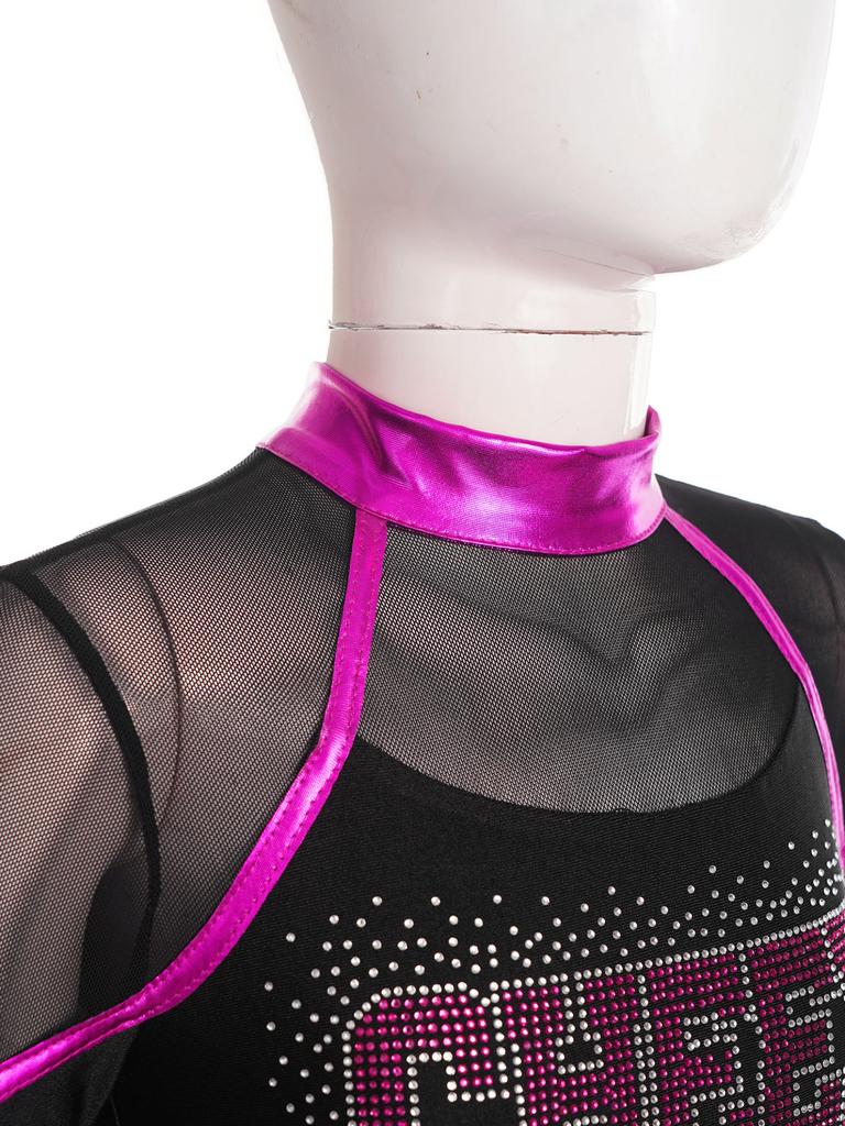 Kids Girls Cheerleading Dance Dress Letter Pattern Shiny Metallic Long Sleeve Pleated Dress