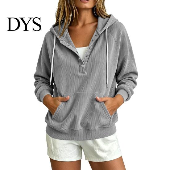 Breathable Autumn Sweatshirt Women Corduroy Hoodie with Kangaroo Pocket, Solid Color Long Loose Fit Top Sleeves Pullover Sweatshirt, Button