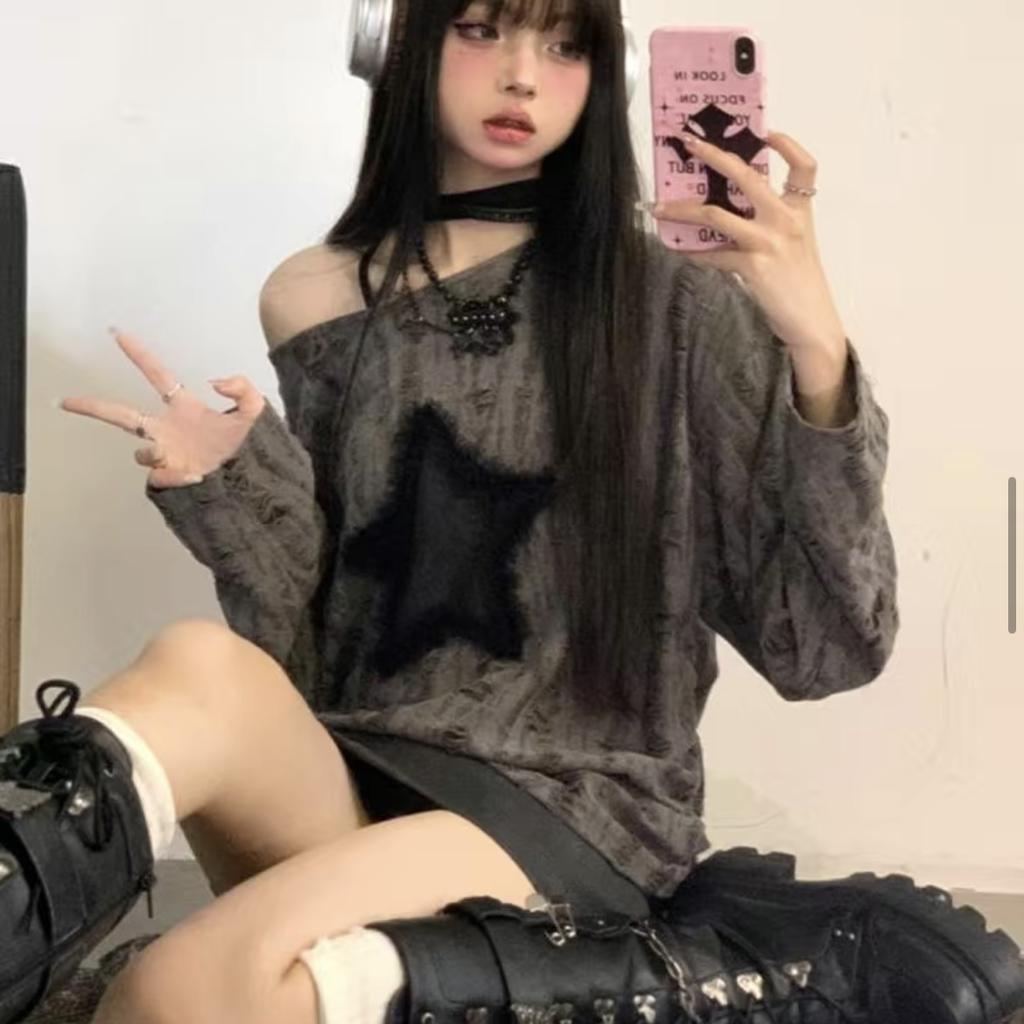 Grunge Hole T-shirt Women Fashion Star Print Y2k Aesthetic Loose Tees Kpop Fairycore Ripped Tshirt Harajuku Gothic Streetwear