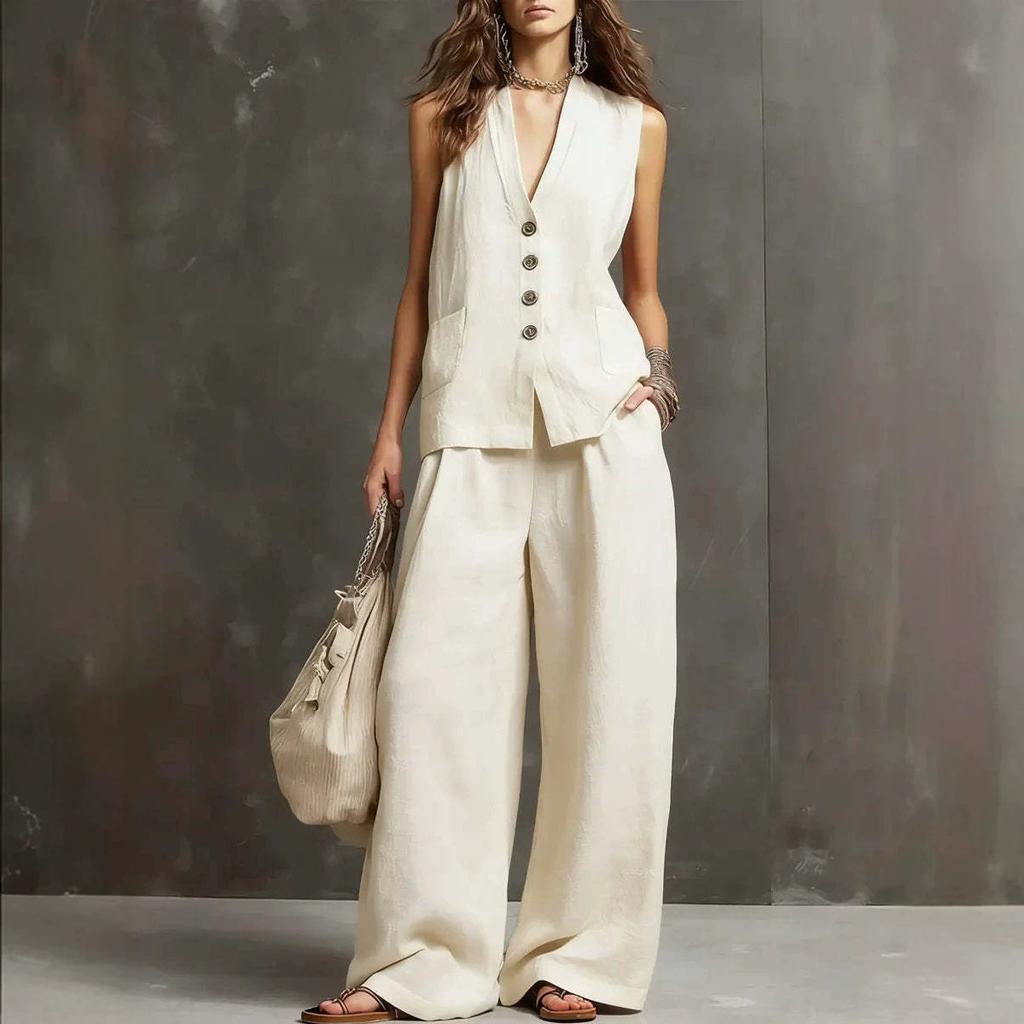2026 European and American cross-border Amazon new women's sleeveless vest vest wide-leg pants cotton and linen two-piece women's clothing