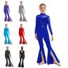 Girls Jazz Dance Costume Mock Neck Long Sleeve Cutout Back Sheer Mesh Sequins Bell Bottom Jumpsuit