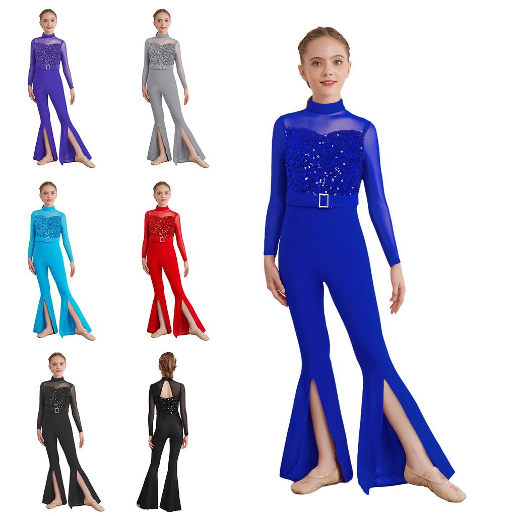 Костюм для джазового танца для девочек, комбинезон с длинными рукавами и вырезом на спине из прозрачной сетки, расширяющийся книзу, с пайетками