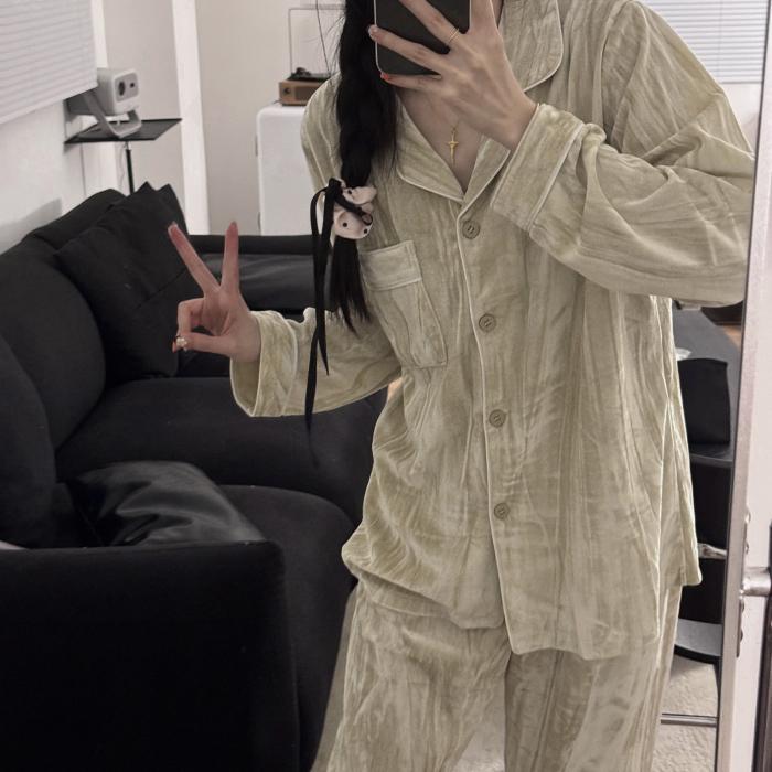Korean Style Velvet Pajamas Women Autumn Winter Sleepwear Long Sleeve Casual Nightwear Pyjamas Suit Home Clothes Sleep Set