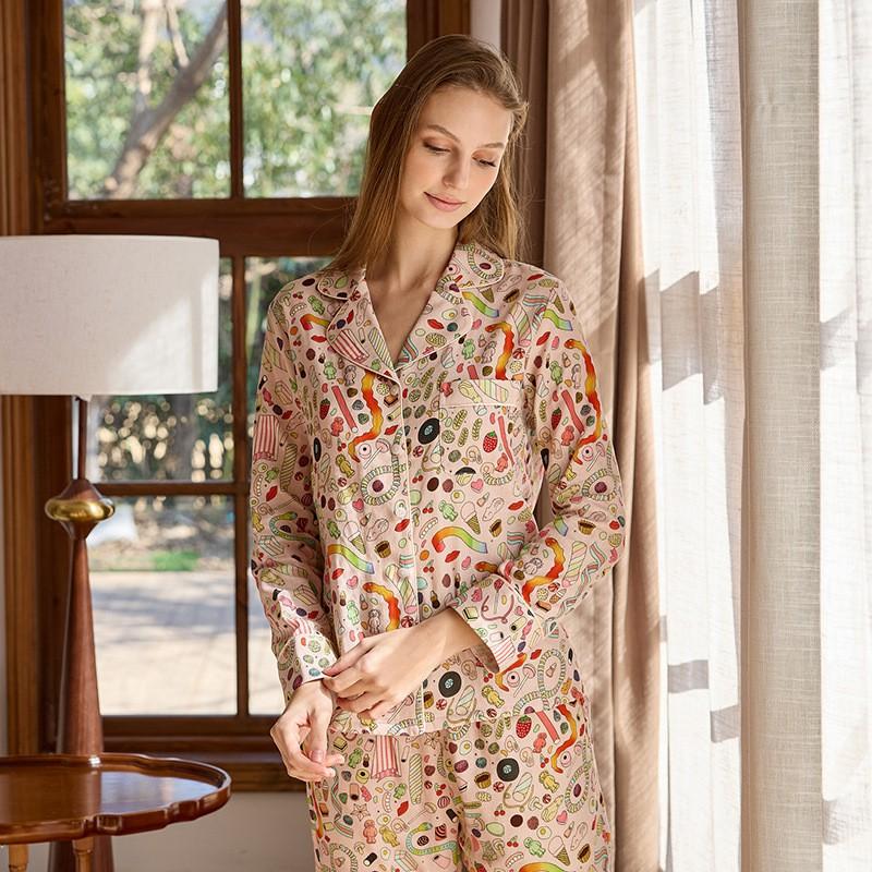 Womens Lightweight Double Layer Cotton Gauze Pajama Set Long Sleeve Printed Sleepwear Comfortable Home Loungewear