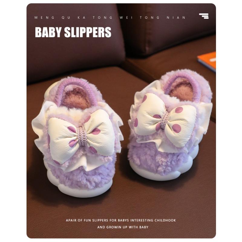 Fashion Cute Children's Cotton Slippers Baby Girl Princess Bow Velvet Thermal Shoes Winter Indoor Home Cotton Mop