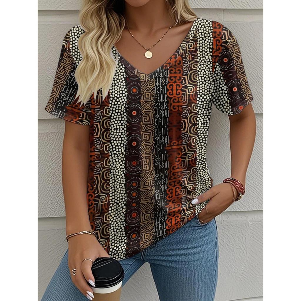 Летний топ с V-образным вырезом в винтажном стиле с 3D-принтом, модная повседневная женская футболка с коротким рукавом