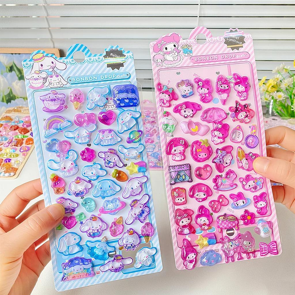 4 Pcs 3D Crystal Glow Stickers - Mix Sanrio Capybara Kuromi Decals Ideal for DIY Handbook Journal & Decor Gifts