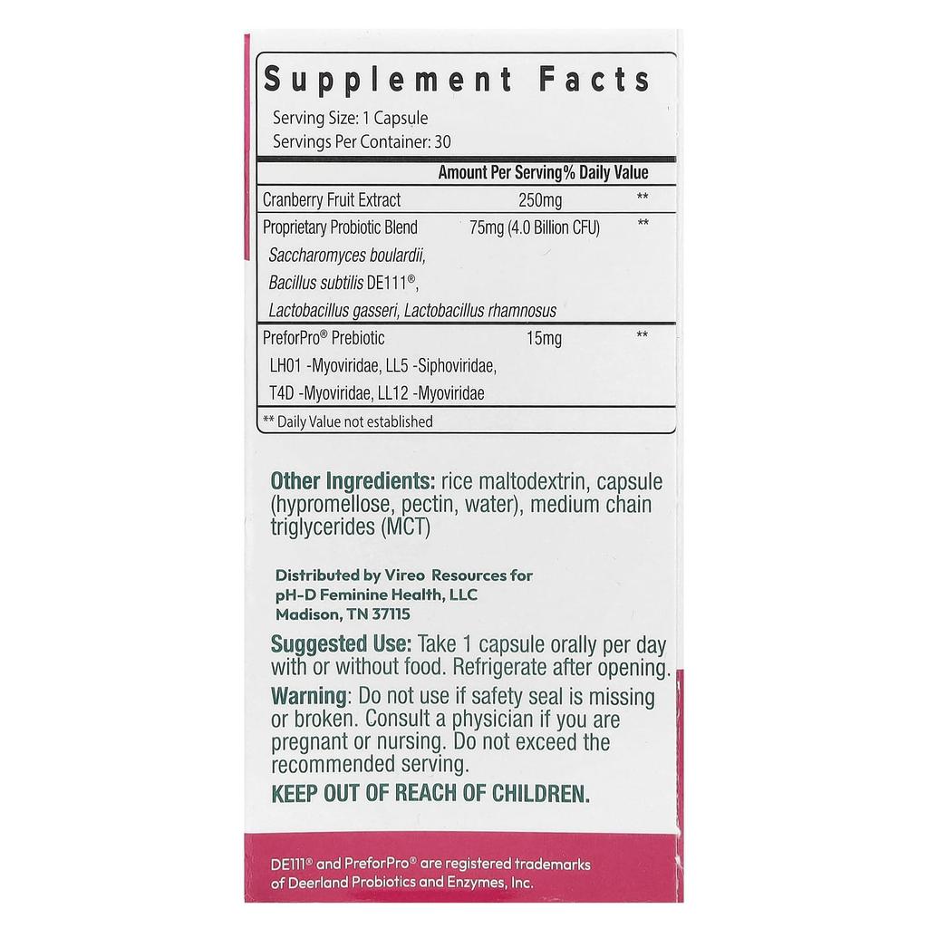 pH-D Feminine Health Женский пробиотик и пребиотик с клюквой, 30 капсул