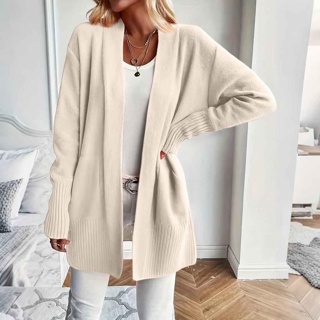 Женский вязаный кардиган средней длины однотонный с длинным рукавом куртка свитер вязаный свитер