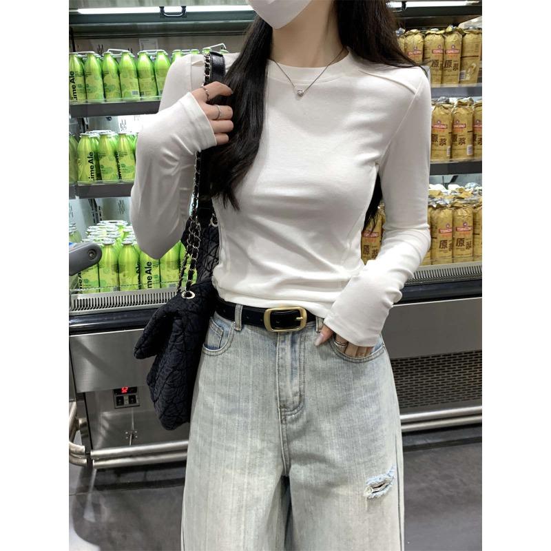 Рубашка с белым низом, Женская рубашка с длинным рукавом и костлявым вырезом на плече, Тонкий облегающий топ для весны, осени и зимы.