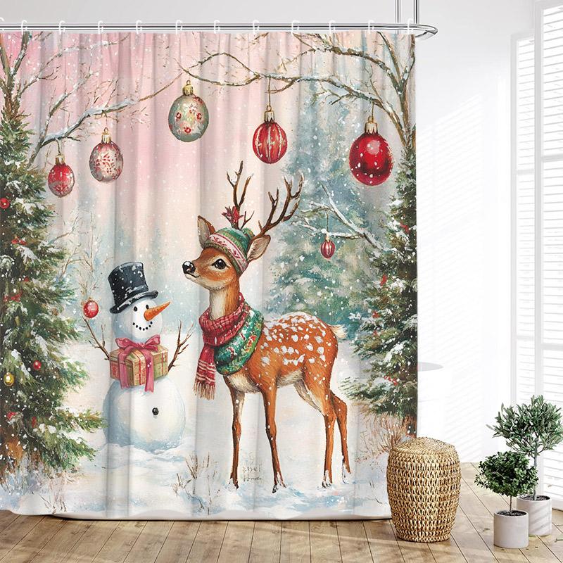 Cute Snowman Shower Curtain Winter Forest Pine Tree Snowflake New Year Christmas Bath Curtains Fabric Bathroom Decor With Hook