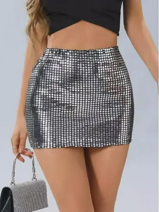 2024 Европейская и американская женская сексуальная квадратная короткая юбка с пайетками