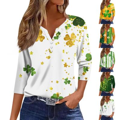 Жен. Футболка Футболка С принтом Пуговицы Рукав 3/4 Повседневные Выходные Мода Классический V-образный вырез Обычный Топ