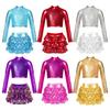 Girls Dance Stage Performance Set Shiny Metallic Mock Neck Long Sleeve Crop Top Tiered Ruffle Skirted Shorts Culottes