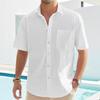 Мужские льняные рубашки с коротким рукавом на пуговицах с отложным воротником, повседневные летние домашние повседневные рубашки