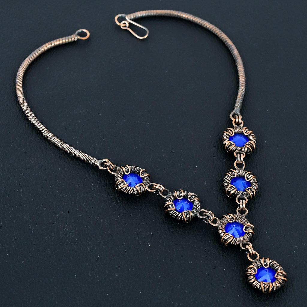 Ожерелье с синим сапфиром, Ожерелье из драгоценных камней ручной работы, Ожерелье, обернутое медной проволокой 999 пробы, Антикварное украшение, Для подарка на помолвку