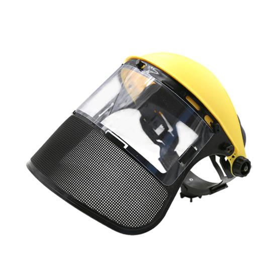 Защитный лицевой щиток из стальной проволочной сетки для шлема, обеспечивающий полную защиту лица от летящих обломков. Прочный лицевой щиток для работы в лесной местности на открытом воздухе.