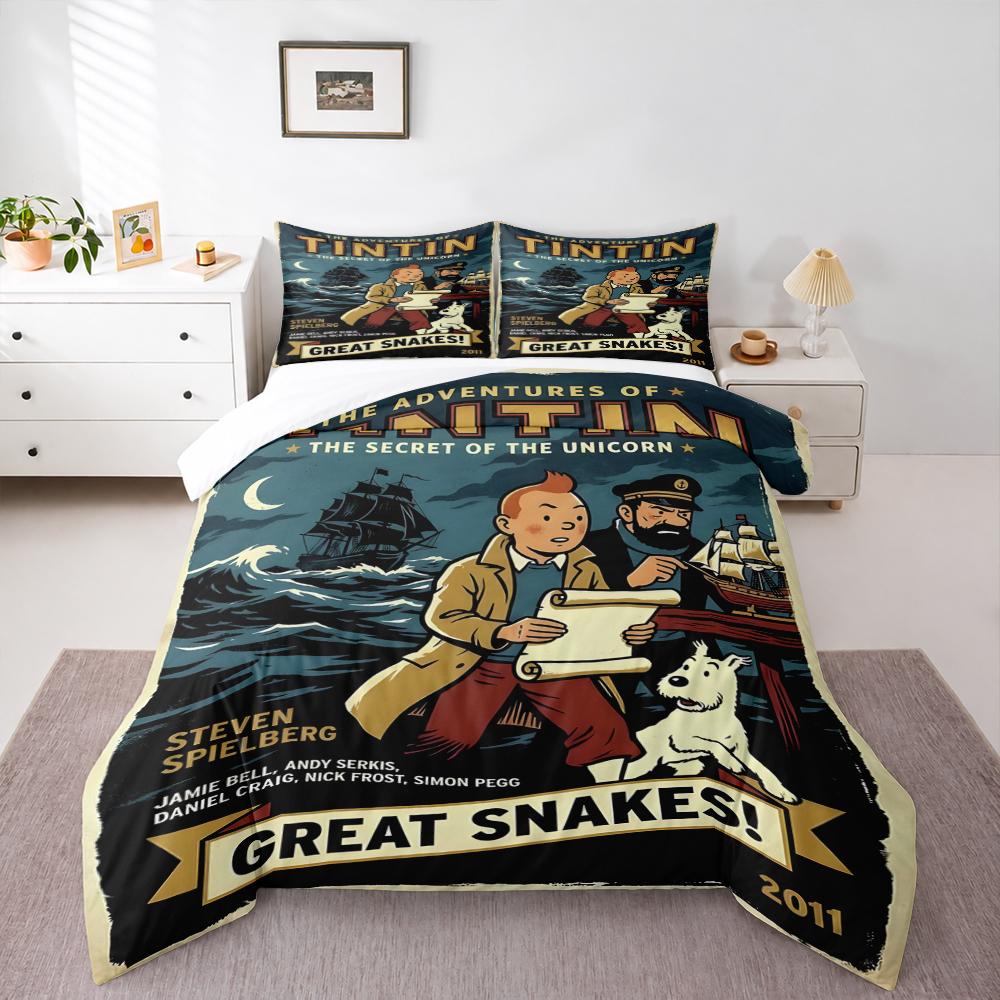 Duvet Cover Set Adventures Of Tintin Secret Of The Unicorn Movie Poster Captain Haddock Snowy Ship Art Print for Adult Fan Gift