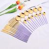 Purple Handle 24Pcs Mirror Dinnerware Set Stainless Steel Gold Tableware Knife Fork Coffee Spoon Flatware Cutlery Set Silverware