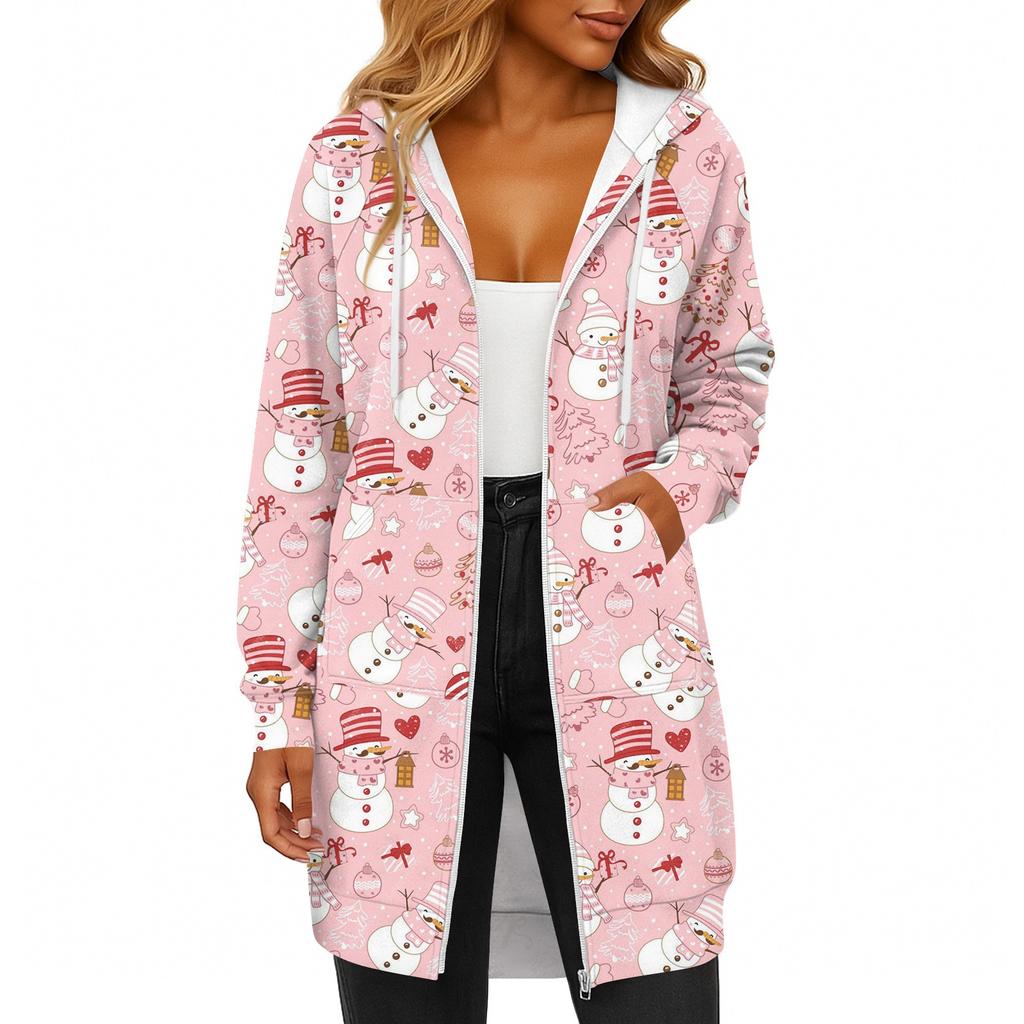 Women's Fashionable Christmas Printed Long Sleeved Drawstring Hooded Zipper Pocket Long Casual Sweatshirt Jacket