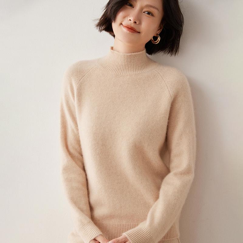 Women's Cashmere Raglan Sleeve Sweater: Half-High Neck, Double Ply, Thick & Warm Base Layer for Autumn/Winter.