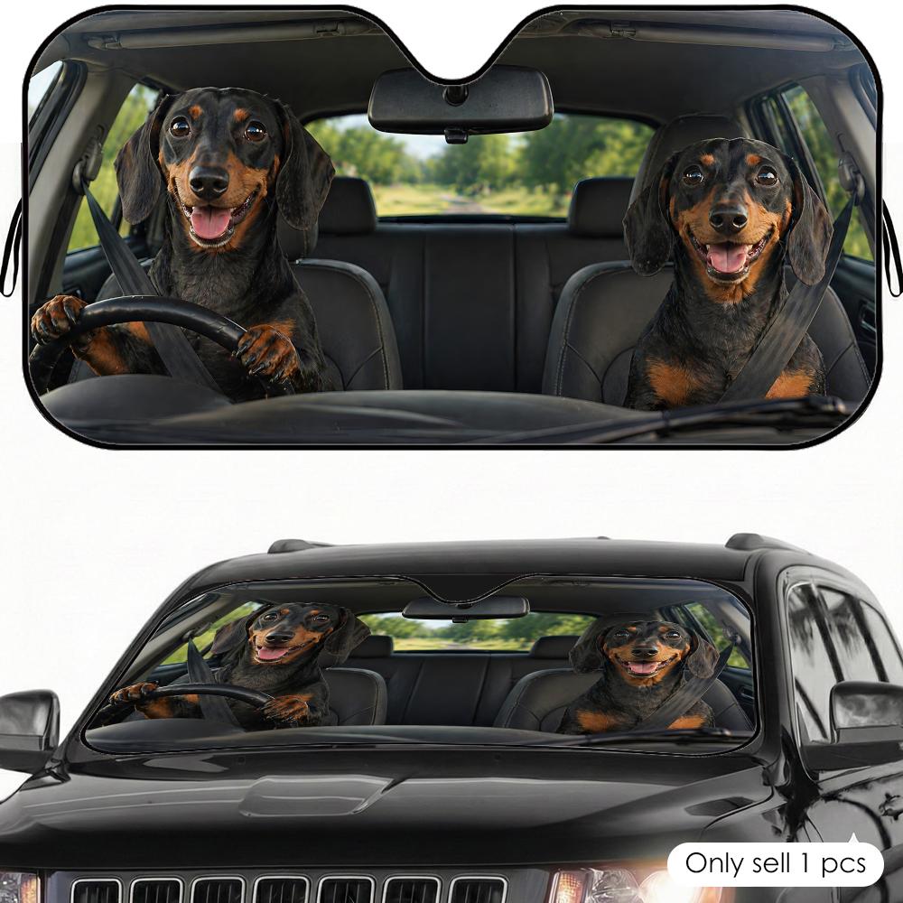 Funny Dachshund Family Sun Visor Car Windshield Sunshade UV Protection Reflective Foldable Heat Insulation Cover