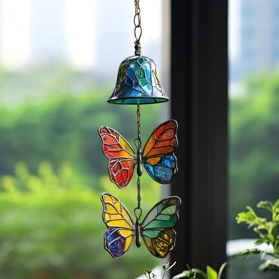 Butterfly Wind Chime Metal Stained Glass Wind Chime Hanging Decoration for Indoor Outdoor