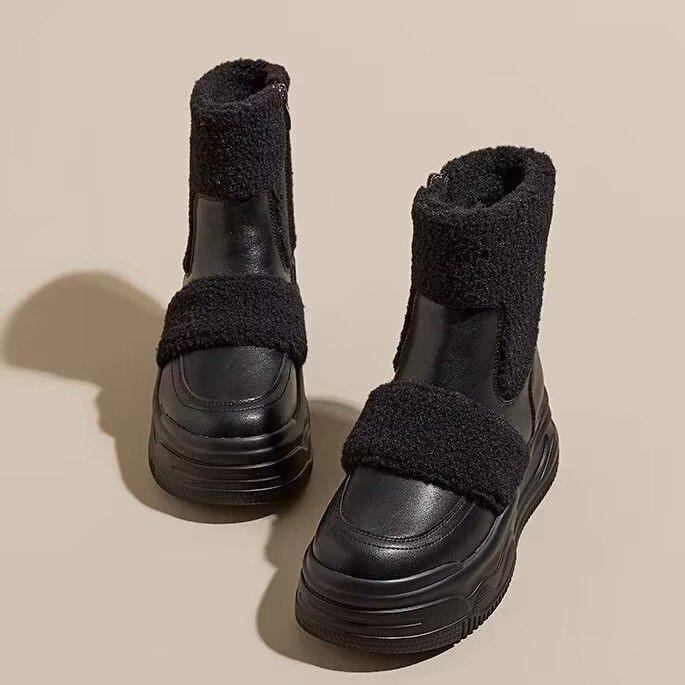 Женские зимние ботинки на толстой подошве с внутренней платформой, увеличивающей рост, 2025 осень, новые универсальные повседневные бархатные теплые маленькие короткие ботинки для женщин
