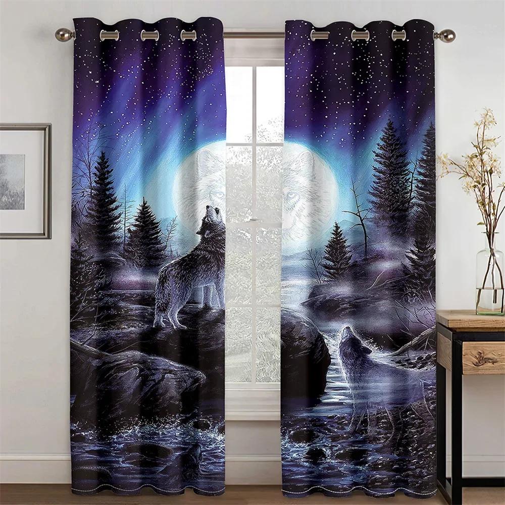 Ночной волк под луной Дизайн животных светофильтрующие шторы оконные шторы для гостиной спальни 2 шт Декор cortinas