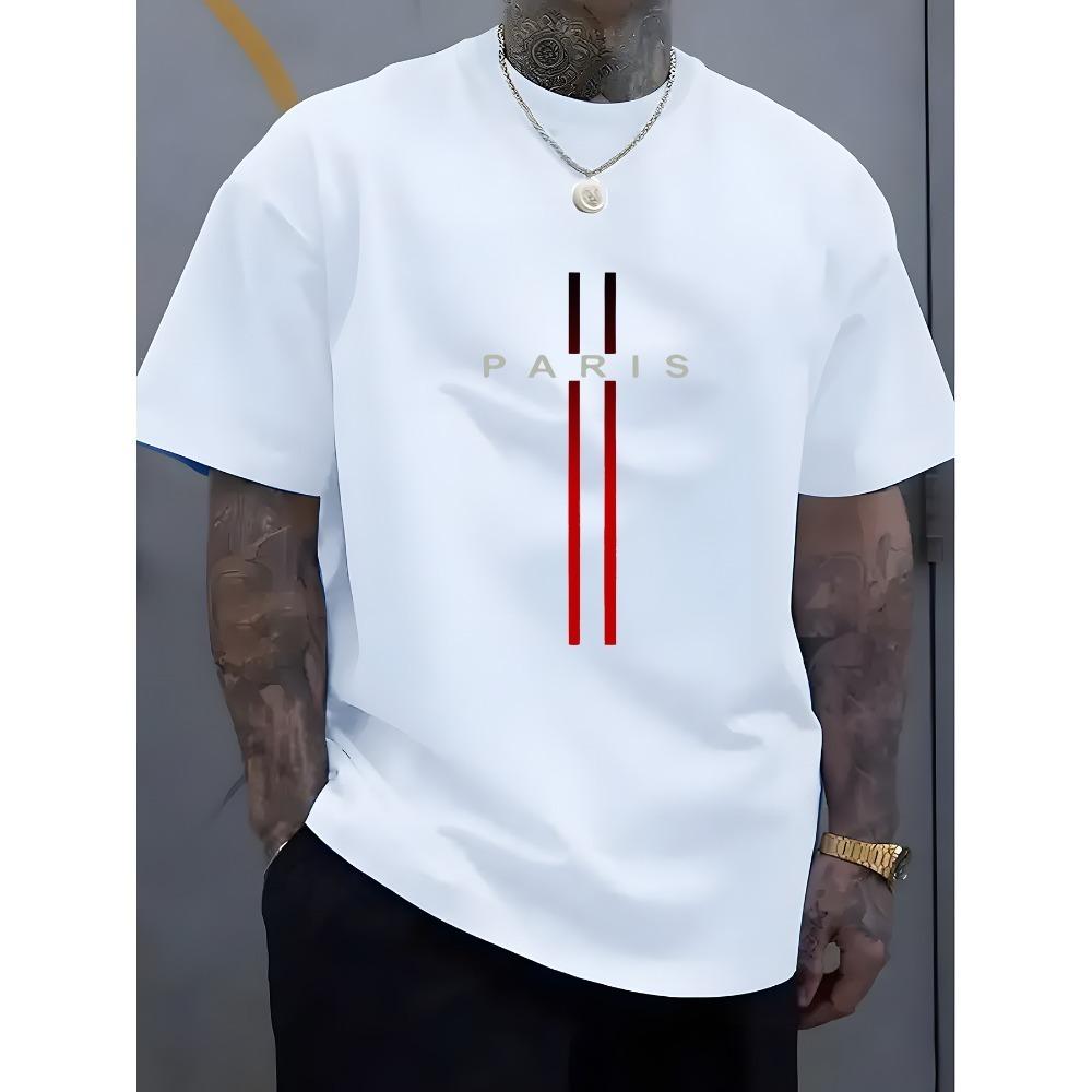 Европейские размеры Мужская футболка с графическим принтом 'Paris' - Мягкая, с круглым вырезом, Слегка эластичная, Уличный стиль, Дышащая, Для любого сезона, Повседневная, Можно стирать в машине