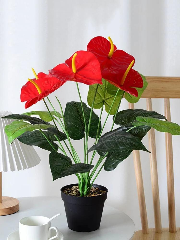 2 пучка красных пальмовых цветов, 10 цветов, искусственные растения, имитация антуриума, зеленые растения, предметы интерьера, украшения для отелей
