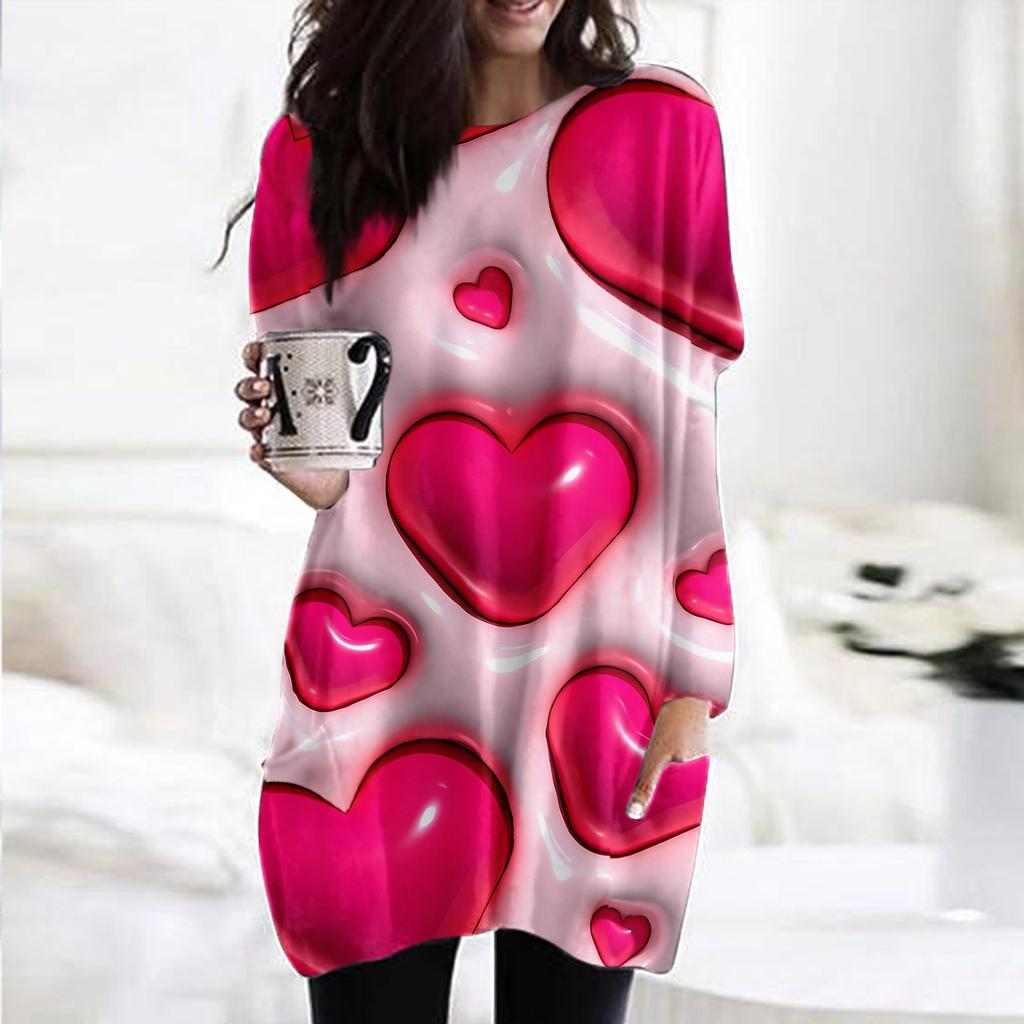 Женский модный повседневный топ с длинным рукавом и круглым вырезом ко Дню святого Валентина с принтом в виде сердца