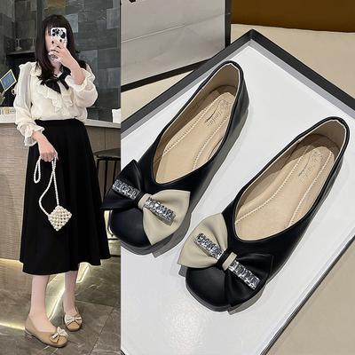 Женские туфли на плоской подошве со стразами и бантом, туфли из искусственной кожи с квадратным носком, рабочие туфли на плоской подошве, удобные модные лоферы без шнуровки на низком каблуке для женщин, свадьба