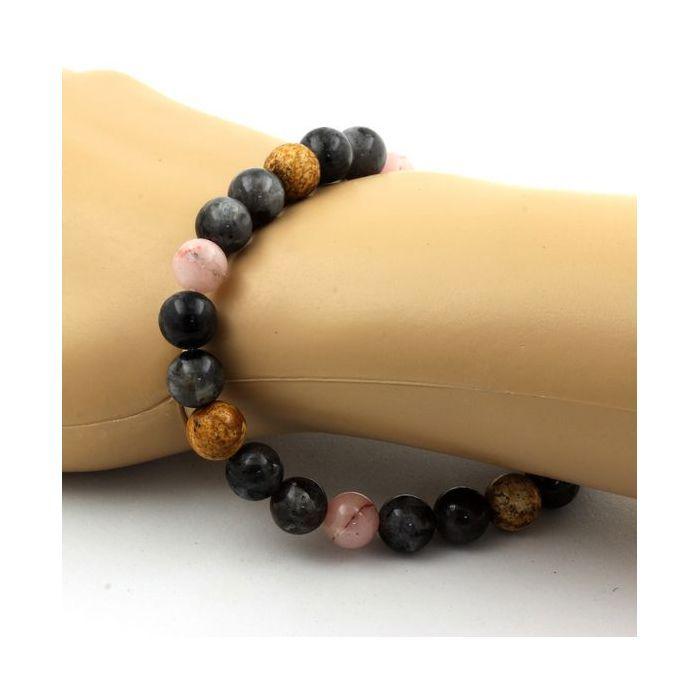 Stones and Minerals. Pink Opal + Labradorite + Landscape Jasper 8 Mm Pearl Bracelet. Made In France.