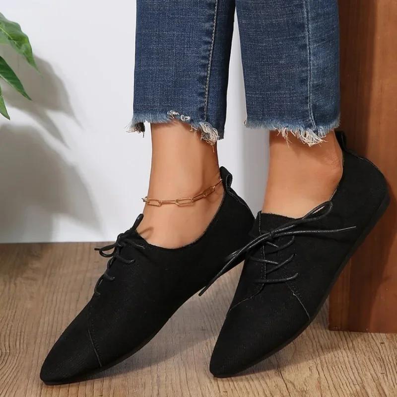 Fashion Women Retro Loafers Pointed Suede Flat Shoes Lace Up Ladies Casual Sneakers Woman Shallow Comfort Shoes Non Slip Walking Shoes
