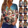 Women's Fashionable Casual Christmas Printed V-neck Three-quarter Sleeve Decorated Button Top