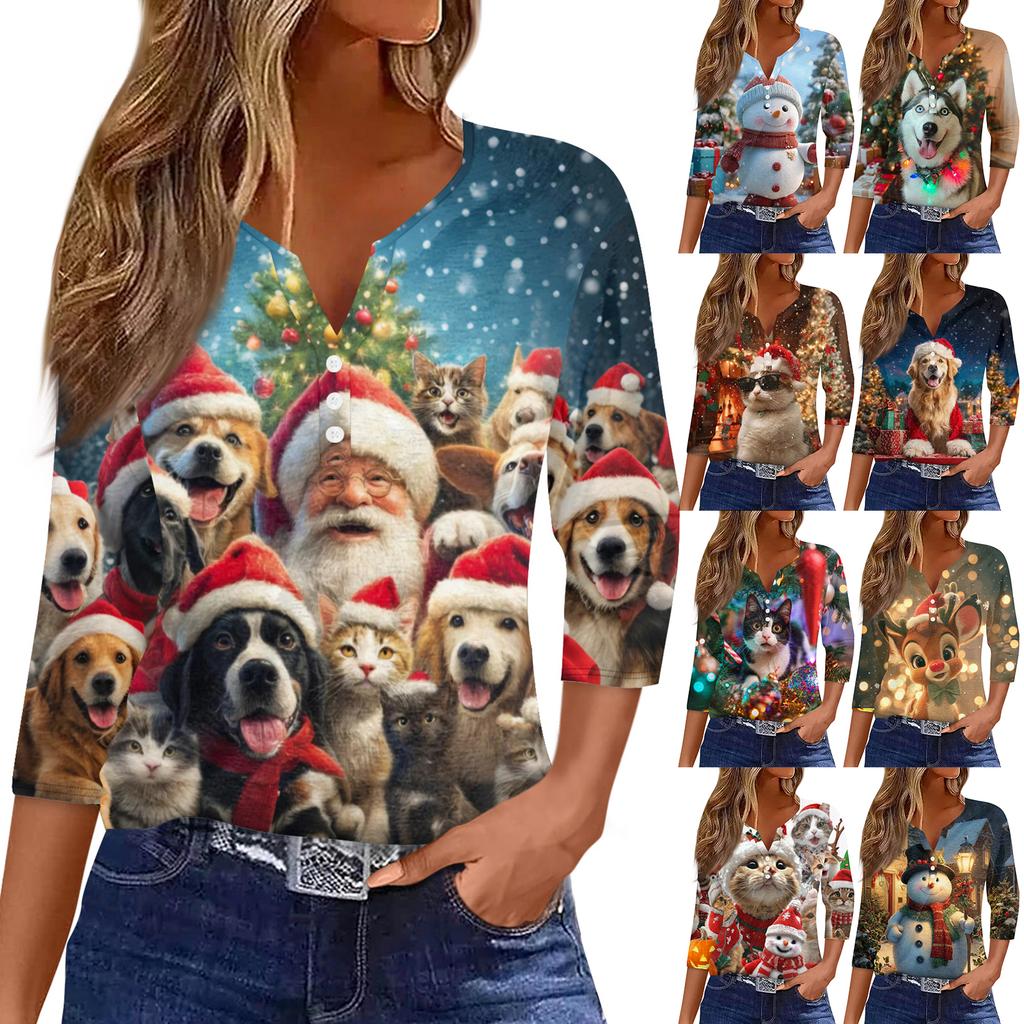 Women's Fashionable Casual Christmas Printed V-neck Three-quarter Sleeve Decorated Button Top