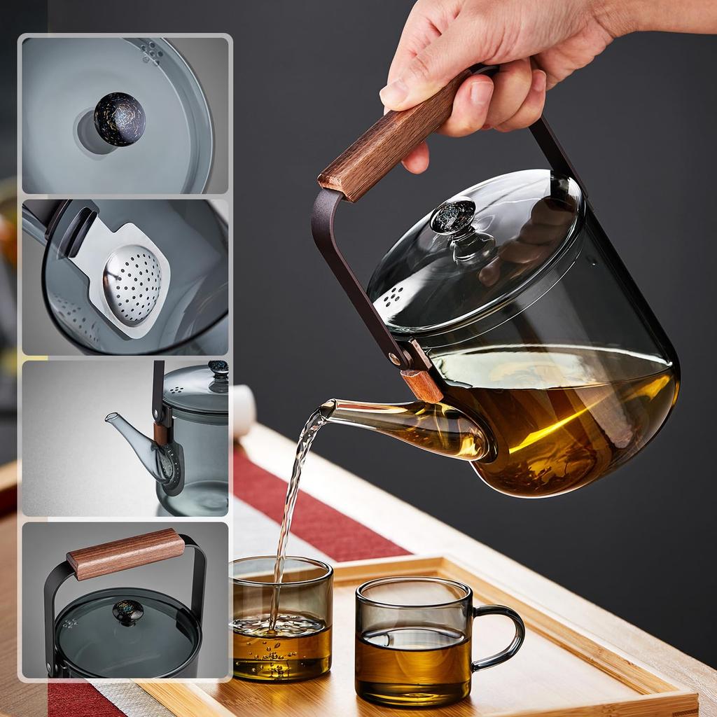 Дизайн чайного стакана Pokaro с прозрачным деревянным чайником для черного, зеленого, ремесленного и травяного чая. Идеально подходит для горячей воды и подарков. Термостойкий чайник, 1100 мл,