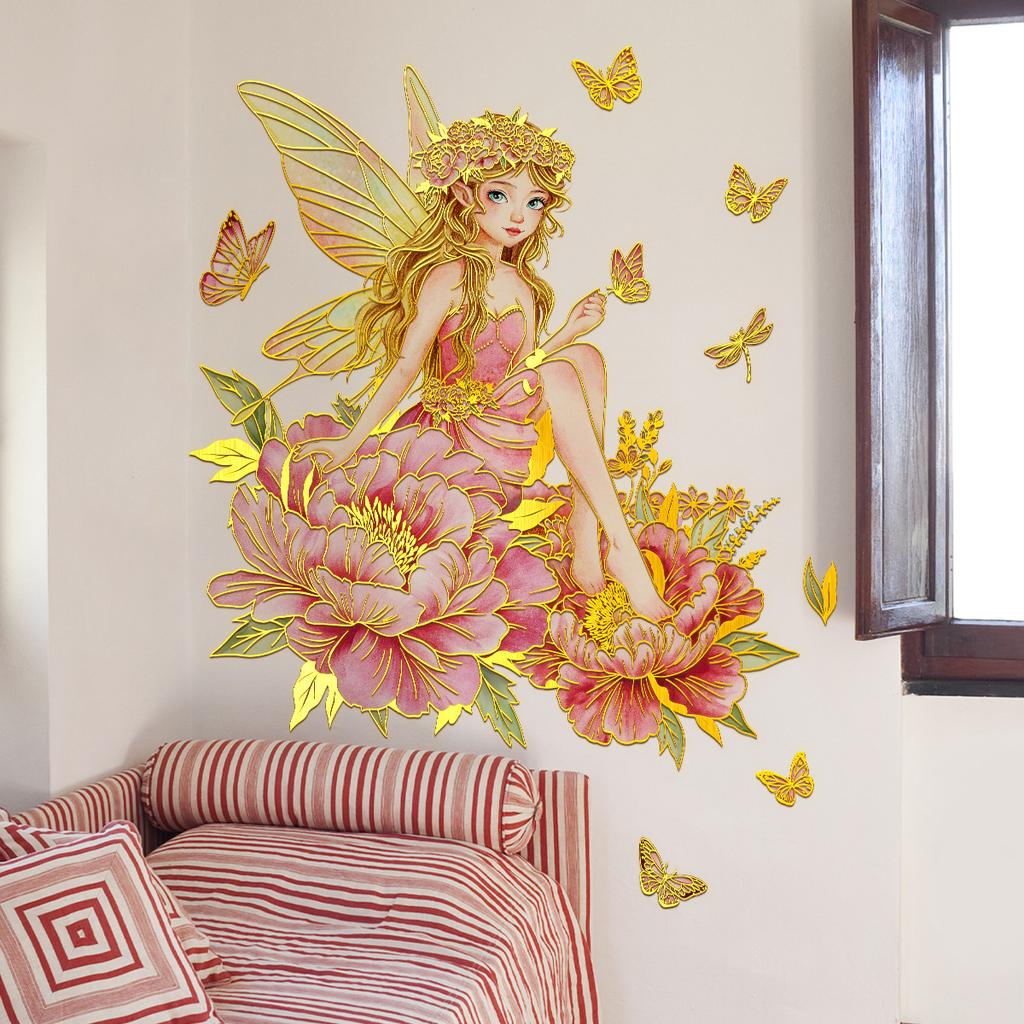 Tj13578 Hand-Painted Flower Fairy Bronzing On Flowers Wall Sticker Decoration Children'S Room Bedroom Background Self-Adhesive